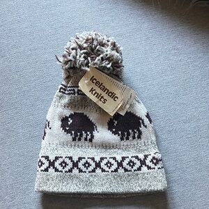 Cream and Brown buffalo wool beanie with Pom Pom top